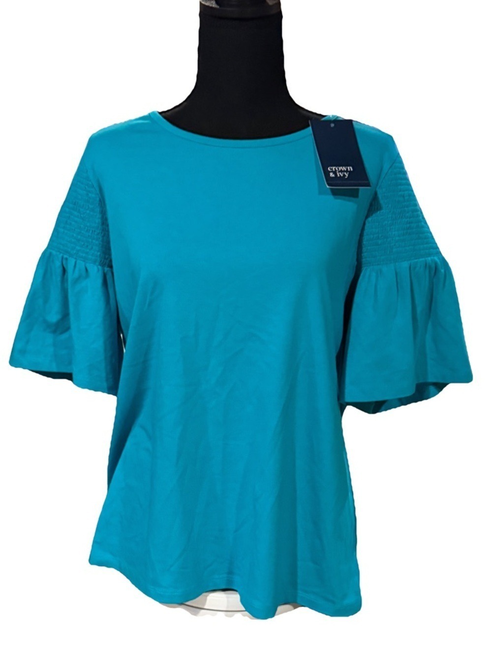 Crown & Ivy Teal Short Sleeve Smocked Flutter Top Large
